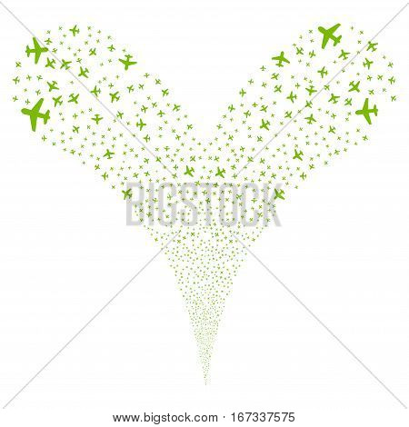 Airplane fireworks stream. Vector illustration style is flat eco green iconic symbols on a white background. Object double fountain made from random pictograms.