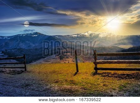 Time Change Concept. Fence On Rural Field In Spring