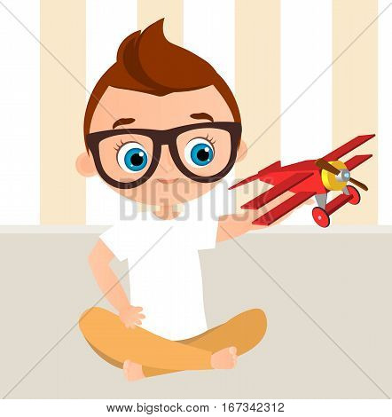 Young Boy With Glasses And Toy Plane. Boy Playing With Airplane. Vector Illustration Eps 10 Isolated