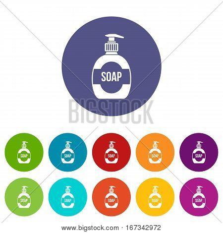 Bottle of liquid soap set icons in different colors isolated on white background