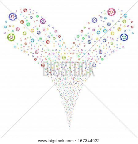 Clock Wheel fireworks stream. Vector illustration style is flat bright multicolored iconic symbols on a white background. Object double fountain made from random pictograms.