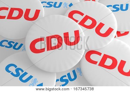 BERLIN GERMANY - JANUARY 29 2017: German Election Politics Badges: Pile of Buttons With The Logo of The Political Parties CDU And CSU 3d illustration