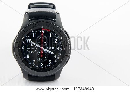 CHESTER UK - January 28 2017: Samsung Gear S3 smartwatch with copyspace to the right.