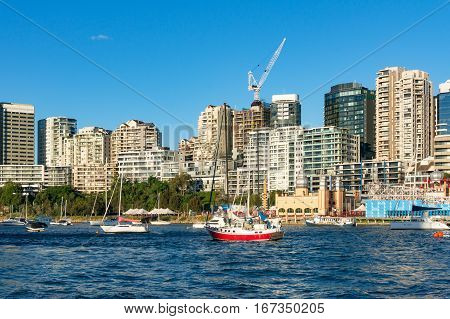 Milsons Point cityscape and Lavender bay with yachts . Sydney Australia