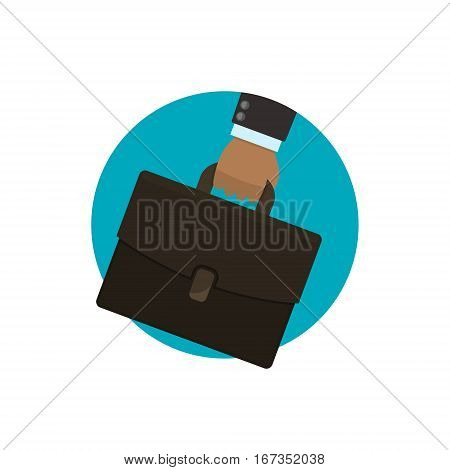 Businessman hand holding briefcase portfolio circle icon. Flat design vector logo illustration.