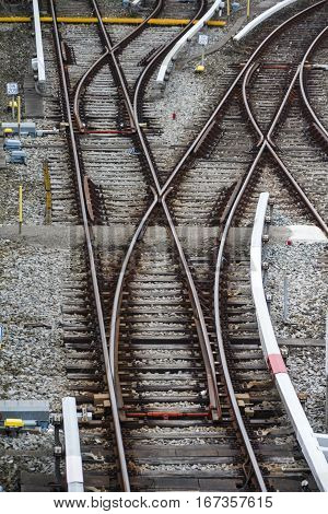 Rail tracks in Froettmaning (Munich) with several switches
