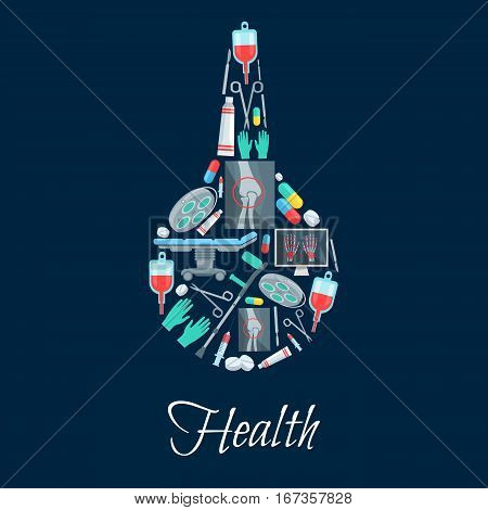 Healthcare or medical icons in form of enema. Medicine items like syringe and rubber gloves, x-ray or radiography, blood pack and scissors, oral pill or tablet, operating room table with lamp, scalpel shaped as clyster. Hospital and lavement theme