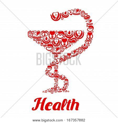 Snake on bowl of hygieia made of medicine icons. Poison animal twined around cup consists of heart with blood drop and hand in glove, vital organ icon with pulse or cardiogram. Electrocardiogram, hospital, medicinal or cardiograph theme