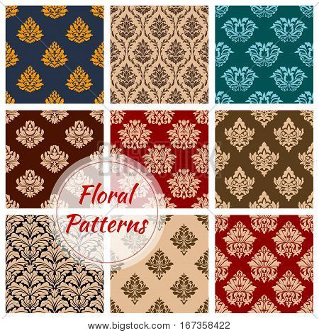 Renaissance floral set of seamless pattern background. Baroque flourish decoration and vintage tracery backdrop, retro embellishment or victorian heraldic ornament. Cloth and wrapper, royal drapery, heraldry theme