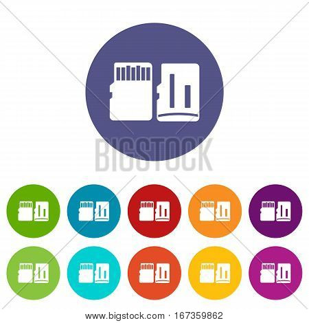 Both sides of SD memory card set icons in different colors isolated on white background