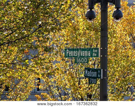 Street sign for 1600 Pennsylvania Ave the address of the White House in Washington DC.