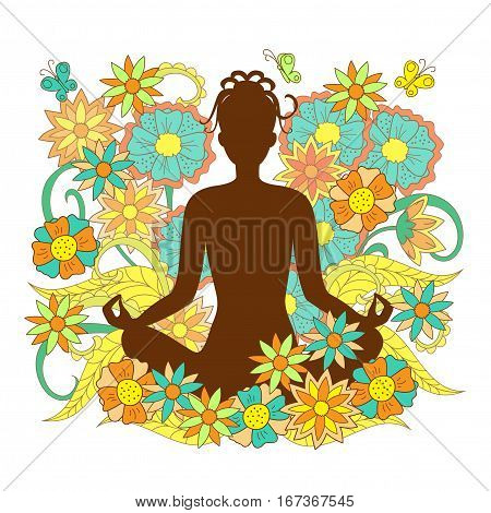 brown silhouette girl in yoga lotus pose with hand drawn floral pattern on backdrop for decorate visit card posters yoga classes courses banners. eps 10.