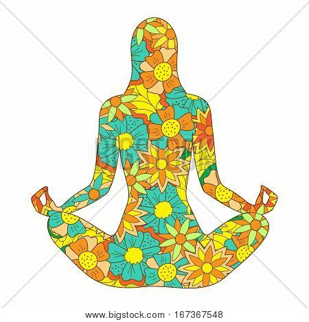 Silhouette girl in yoga lotus pose decorate with hand drawn pattern for decorate home visit card posters yoga classes courses banners. eps 10.