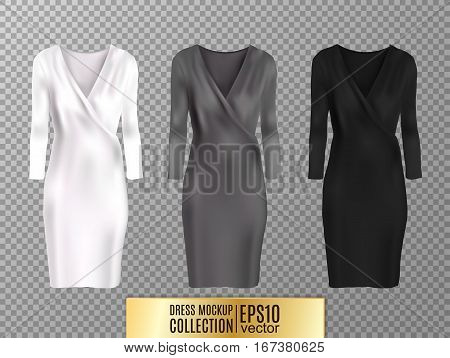 Women's dress mockup collection. Realistic vector illustration. Fully editable handmade mesh. Classic dress with long sleeves.