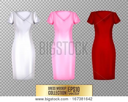 Women's dress mockup collection. Realistic vector illustration. Fully editable handmade mesh. Classic dress with short sleeves.