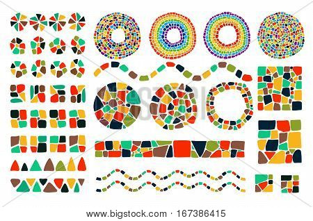 Set of bright Mosaic design elements on white background. Vector isolated circle, square, triangle, border, numbers for decoration. Ceramic tile texture. Easy to recolor.