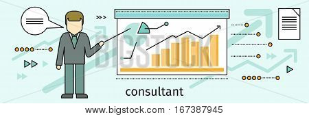 Management consulting banner. Consultant in business suit and tie making a presentation near whiteboard with infographics. Shows business graphs. Business consulting, business strategy concept.