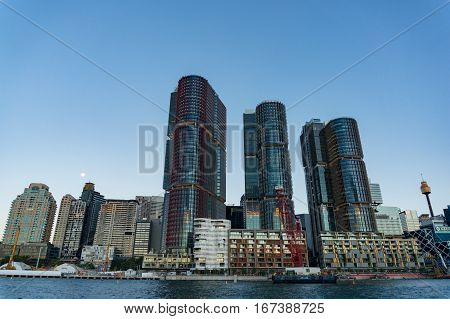 Barangaroo Architecture Complex Against Sydney Cbd On The Background