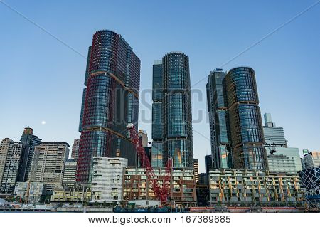 Barangaroo Architecture Complex Against Sydney Cbd On The Background