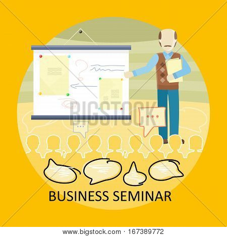 Business lecture concept vector. Flat design. Man holding seminar near board with explanatory documents. Certification training in office. Illustration for educational companies, career courses ad.