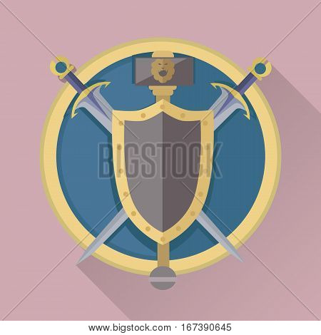 Cartoon game swords with shadow in golden circle. Medieval knife and board. Weapon symbols. War concept. For computer games, mobile appliances. Part of series of game objects in flat design. Vector