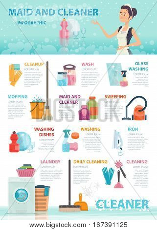 Cleaning infographic concept with household supplies domestic tools and home appliances vector illustration