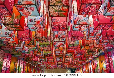 colorful of raditional silk lanterns in Chiangmai Thailand.