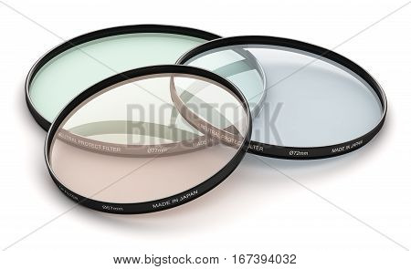 3D render illustration of the group of various diameter neutral density UV polarizer or polarizing protect and circular polarizing type optical glass filters accessory for digital photo camera or video camcorder lens isolated on white background