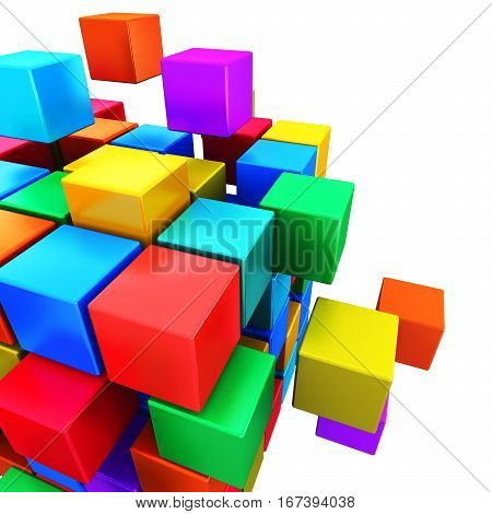 3D render illustration of colorful cubic structure with assembling metallic cubes isolated on white background