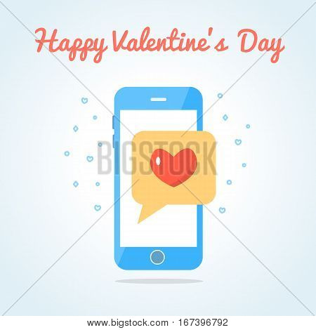 Smartphone with sealed love messege. Valentine s day card. Flat design. Vector illustration.