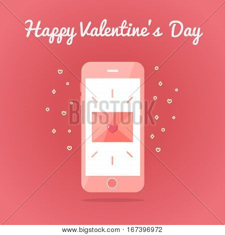 Smartphone with sealed love sms or email. Valentine s day card. Pink colors. Flat design. Vector illustration.
