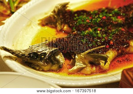 barrakuda pike fish on plate with sauce and vegetables