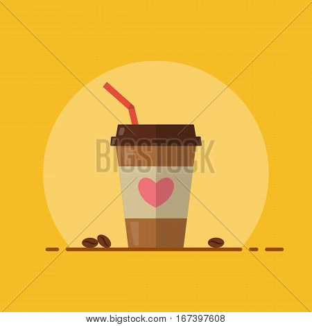 Takeaway coffee in a disposable cup with straw. Coffee beans. Flat design. Vector illustration.