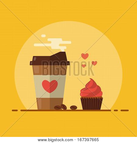 Takeaway coffee with cupcake and a pinch of love. Coffee beans. Flat design. Vector illustration.