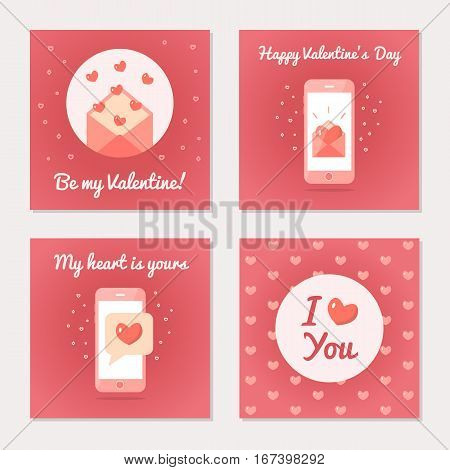 Set of greeting cards for Valentine s Day. Love letters and sms. Pink colors. Flat design. Vector illustration.
