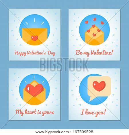 Set of greeting cards for Valentine s Day. Love letters and message. Blue colors. Flat design. Vector illustration.