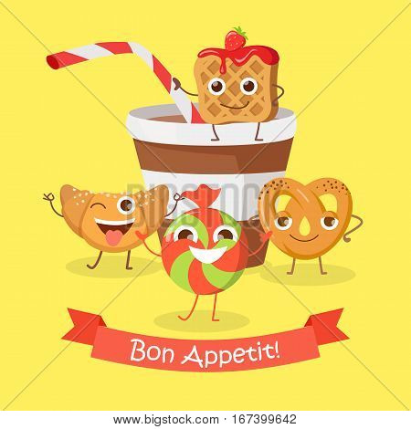 Bon appetit. Funny cartoon characters banner. Cupcake, doughnut, chocolate biscuit, cookies, cup of cola or soda. Smiling confectionery. Set of sweets in flat style design. Confection illustration
