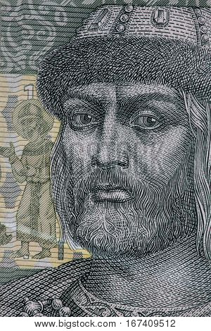 Prince Vladimir portrait on Ukrainian banknotes macro shot