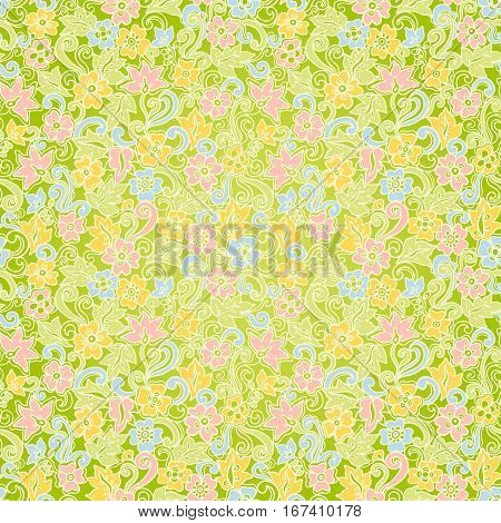 Bright spring seamless pattern with flowers and leaves. Ornamental easter wallpaper. It can be used for wallpaper pattern fills web page background surface textures classic fabric.