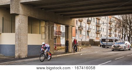 Conflans-Sainte-HonorineFrance-March 62016: The Austrian cyclist Stefan Denifl of IAM Cycling Team riding during the prologue stage of Paris-Nice 2016.