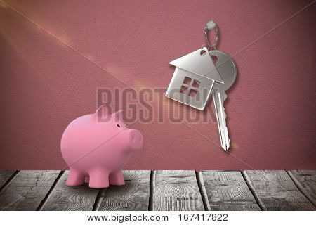 Piggy bank against white background against gray concrete wall 3d