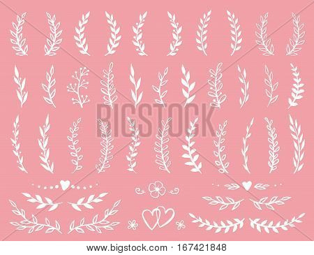 pink vintage set of hand drawn branches with leaves, wreats and dividers