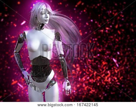3D rendering of female robot with long hair and bokeh light effect.