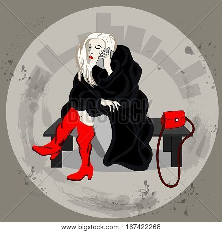 Girl on the bench in a fur coat with a phone. Vector illustration