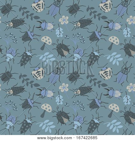 Seamless pattern with cute small beetles and plants. Summer bugs doodle style background. Vector cartoon backdrop with funny insects flowers and leaves.