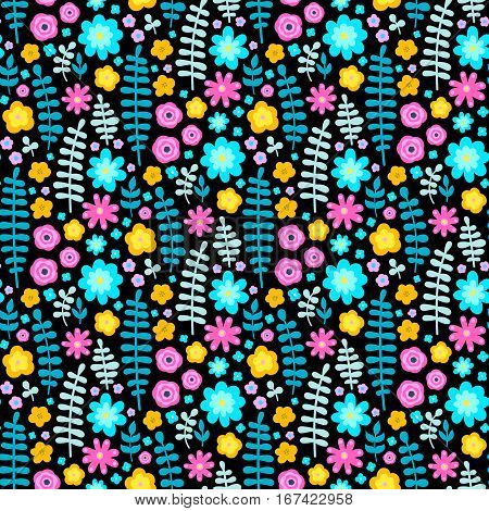 Vector seamless pattern with cute flat flowers and branches. Bright colors elements - pink yellow blue grey on black backdrop. Nice floral background.