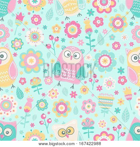 Cute flat owl. Vector seamless pattern with birds and flowers. Pastel colors - pink yellow green grey and white. Cute background for kids. Flat style.