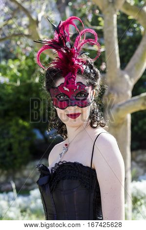 CAGLIARI, ITALY - May 29, 2016: Sunday at La Grande Jatte VIII Ed. At the Public Gardens - Sardinia - portrait of a beautiful girl in Victorian costumes