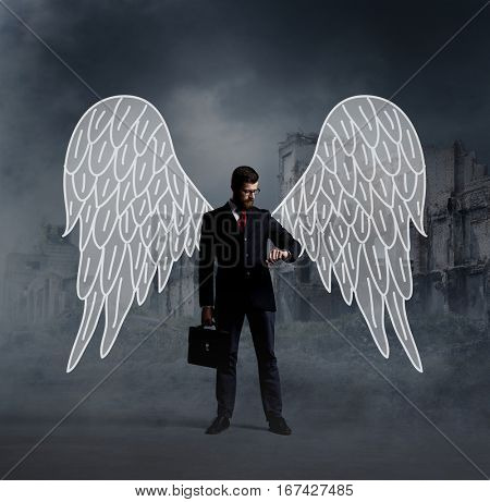 Business angel standing over apocalyptic background. Crisis, default, setback concept.