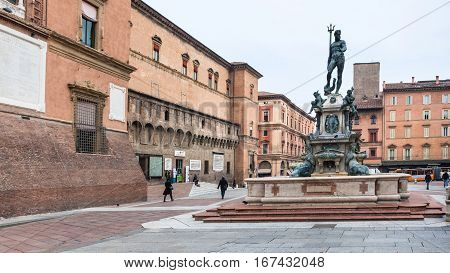 Piazza Del Nettuno With Fountain In Bologna